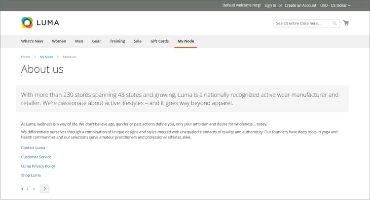 Example navigation menu on the About Us page