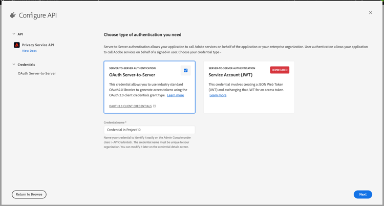 Select Oauth Server-to-Server authentication method.
