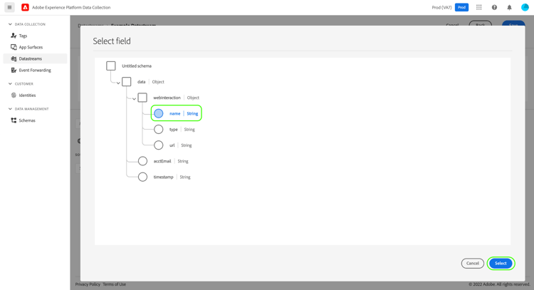 Selecting the field to be mapped in the source schema.