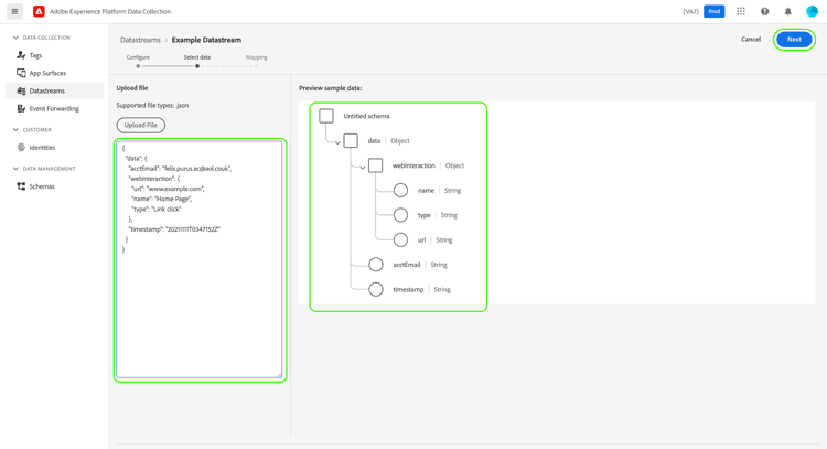 JSON sample of expected incoming data.