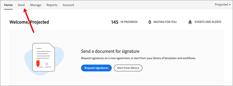 Screenshot der Registerkarte Senden in Acrobat Sign