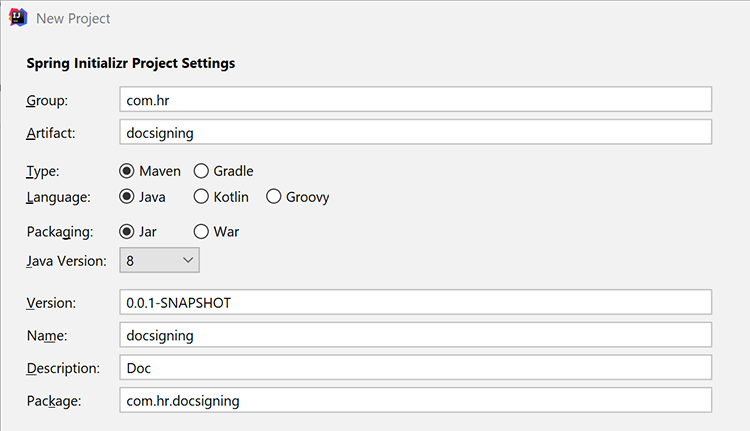 Screenshot für Spring Initializer