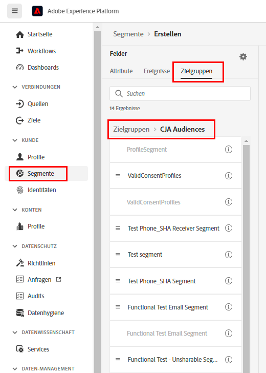 Adobe Experience Platform-Benutzeroberfläche, die Segmente im linken Bereich und CJA-Zielgruppen im Hauptbereich hervorhebt.