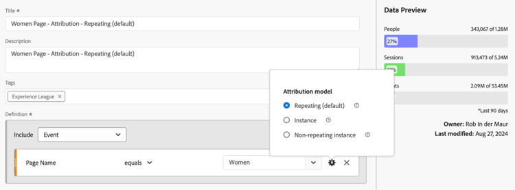 Attributionsmodell für Dimension beim Erstellen eines Segments