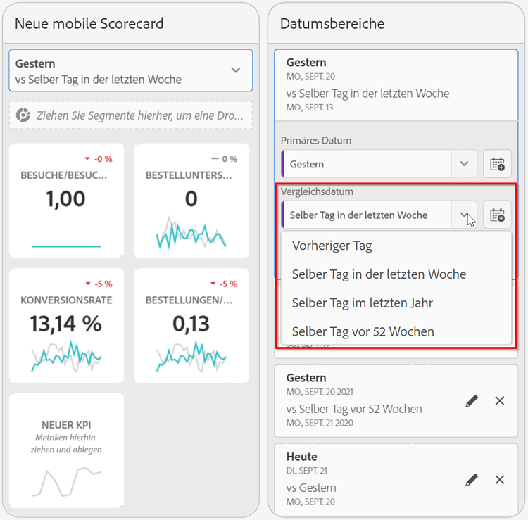 Neue mobile Scorecard, die die Datumsbereiche mit dem Vergleichsdatum hervorhebt, für die in der letzten Woche der gleiche Tag ausgewählt wurde