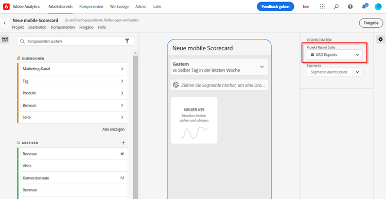 Neues mobiles Scorecard-Fenster, das die Datenansichtsauswahl hervorhebt