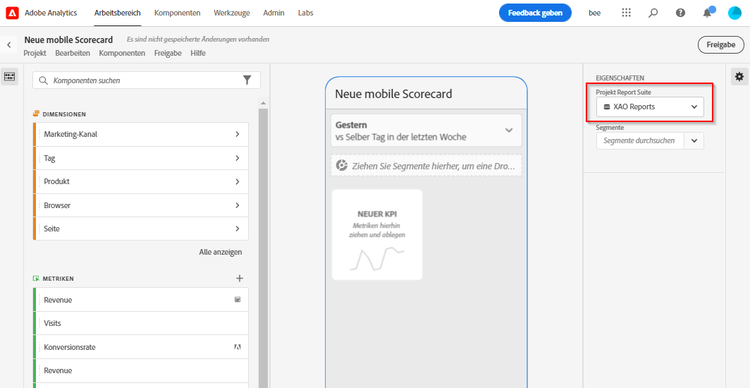 Neues Mobile-Scorecard-Fenster mit hervorgehobener Datenansichtsauswahl