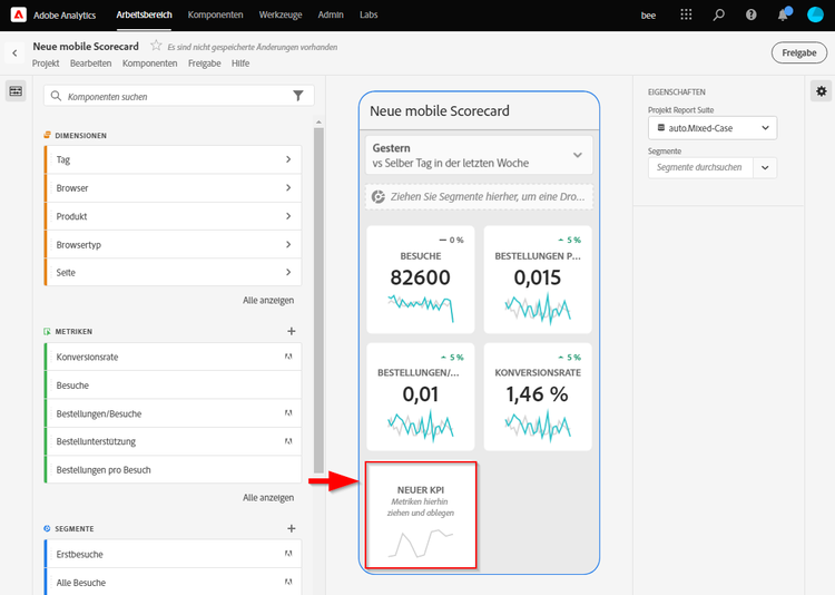 Neues mobiles Scorecard-Fenster mit einem Pfeil, der auf eine Metrik (neue KPI) verweist, wurde in die Scorecard abgelegt.