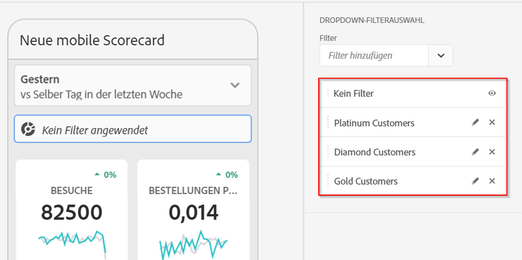 Filter-Dropdown-Auswahl, die die Build-Filter hervorhebt