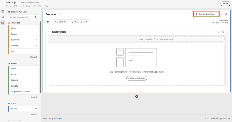 Workspace – Datenansicht auswählen