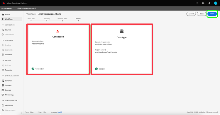 Adobe Experience Platform-Fenster, in dem die Abschnitte Verbinden und Datentyp zur Überprüfung hervorgehoben werden