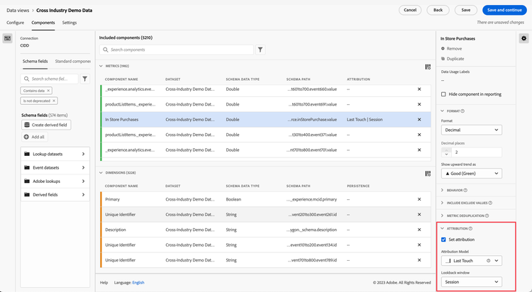 Datenansichtsfenster mit der Option Attribution festlegen