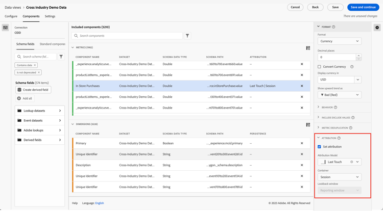 Datenansichtsfenster mit hervorgehobener Option Attribution festlegen