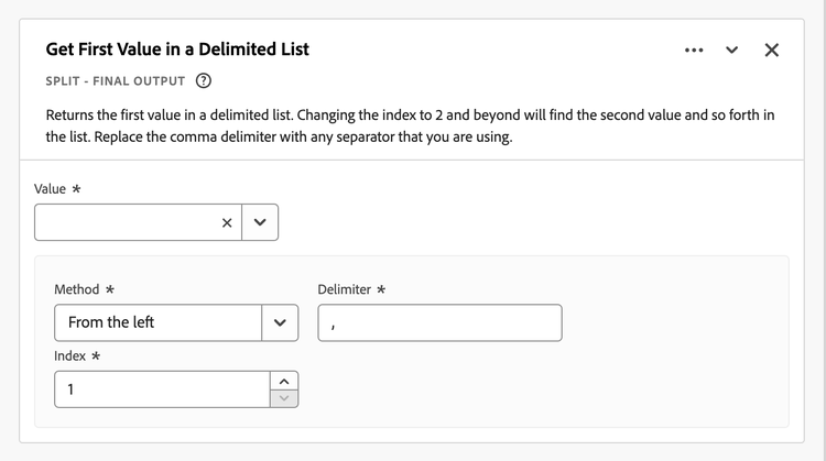 Screenshot des Builders für Get First Value in Delimited List(Erster Wert aus Liste abrufen)
