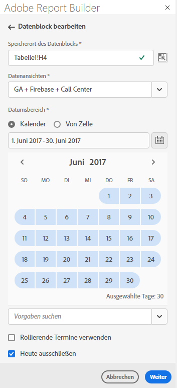 Datumsbereich des Report Builders, der den Kalender sowie das Enddatum und das Startdatum anzeigt.