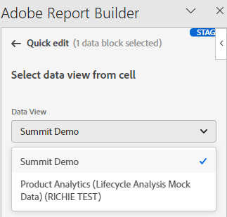 Report Builder Quick edit panel, der die Datenansichten auswählen anzeigt.