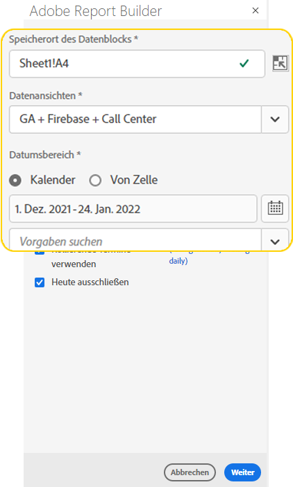 Screenshot mit der Option Datumsbereich und der aktiven Schaltfläche Weiter