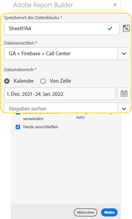 Screenshot mit der Option Datumsbereichund der aktiven Schaltfläche Weiter