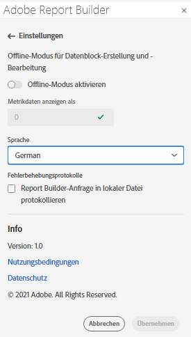 Datumsbereich des Report Builders, in dem die Schaltfläche Abbrechen und Anwenden angezeigt wird.