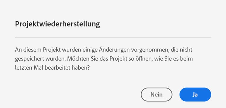 Dialogfeld Projektwiederherstellung.