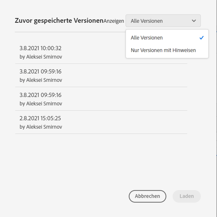 Liste und Optionen der zuvor gespeicherten Projektversionen zum Anzeigen aller Versionen oder Nur Versionen mit Anmerkungen.