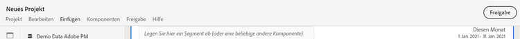 Neue Projektoptionen, einschließlich der Optionen Projekt, Bearbeiten, Einfügen, Komponenten, Freigabe und Hilfe .