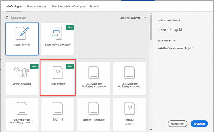 In der Ansicht „Alle Vorlagen“ wird die Option „Quick Insights“ hervorgehoben.