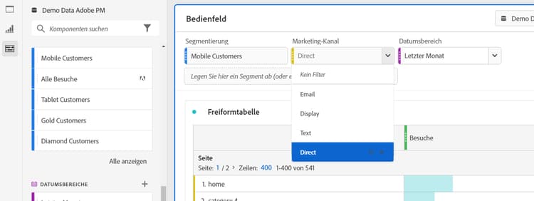 Statische Dropdown-Filter, die den Filter „Direkt“ für den Marktkanal hervorgehoben anzeigen.