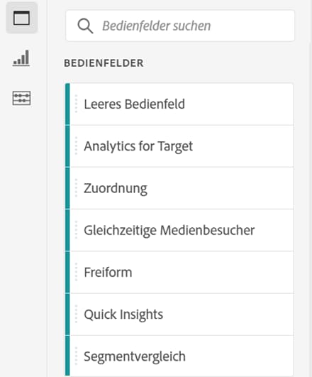 Das Bedienfeld „Customer Journey Analytics“ listet die verfügbaren Bedienfeldtypen auf.