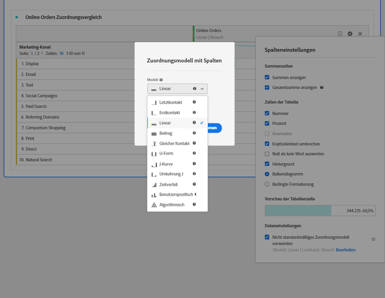 Die Optionen des Spaltenattributionsmodells zeigen die Option Linear ausgewählt an.