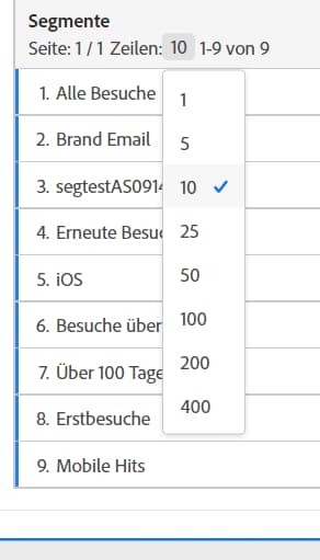 Freiformtabelle mit der Dropdown-Liste von für die Anzahl der angezeigten Zeilen. 400 Zeilen wurden ausgewählt.