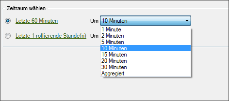 Screenshot mit den Optionen zum Auswählen eines Zeitraums mit den ausgewählten letzten 60 Minuten.
