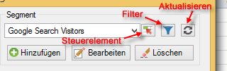 Screenshot mit den Segmentoptionen zum Hinzufügen, Bearbeiten oder Löschen von Segmenten und Hervorhebung der Symbole Kontrolle, Filter und Aktualisieren.