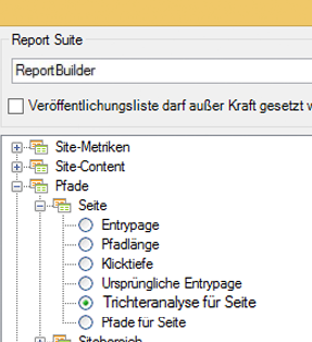 Screenshot mit der Windows-Baumstrukturansicht für das Verzeichnis Report Builder. Trichteranalyse für Seite wurde ausgewählt.