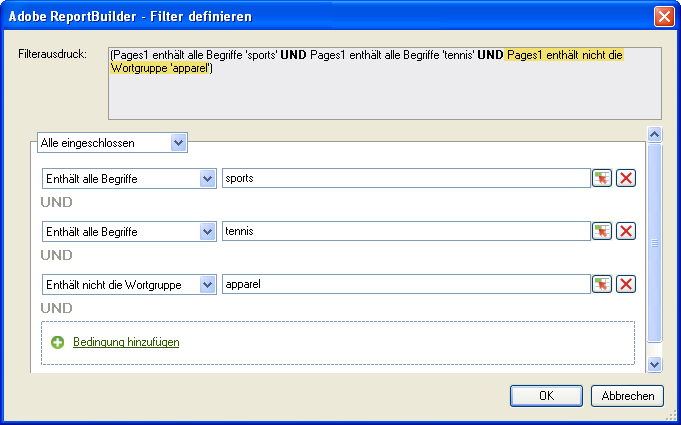 Screenshot mit dem Dialogfeld Filter definieren.