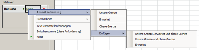 Screenshot mit der Anomalieerkennung, gefolgt von Einfügenund anschließenden Optionen für Untereund Obere Grenzeund Erwartet.