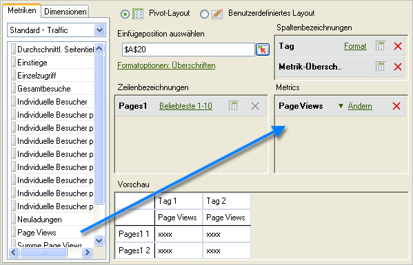 Screenshot mit Anforderungs-Assistent: Schritt 2 mit einem Pfeil, der von der Metrikliste zum gewünschten Seitenansichtsabschnitt zeigt.