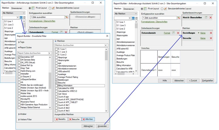 Screenshot mit dem Anforderungs-Assistenten, Schritt 2: Site-Summen, die auf das Fenster Erweiterte Filter verweisen, und den angewendeten Berichtsmetriken.