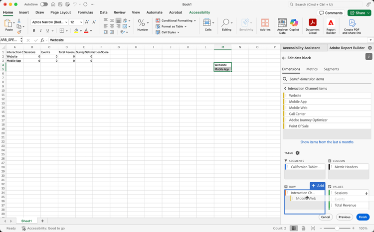 Die Registerkarte „Dimensionen“ und die Liste der Dimensionen.