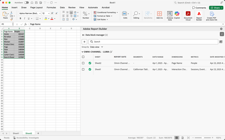 Datenblock-Manager mit der Liste „Gruppieren nach Blatt“.