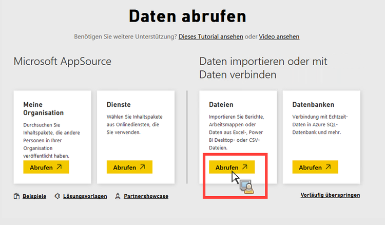 Klicken Sie unter „Importieren“ oder „Mit Daten verbinden“ auf das Symbol „Abrufen“.