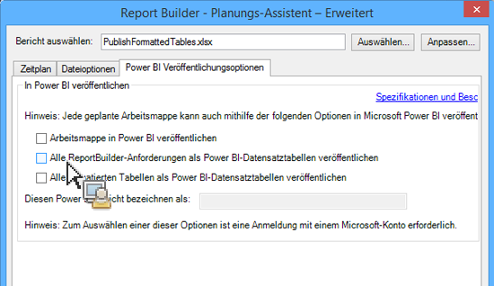 Screenshot mit dem Planungsassistenten - Erweiterte Veröffentlichungsoptionen mit „Alle formatierten Tabellen als Power BI-Datensatztabellen veröffentlichen“.