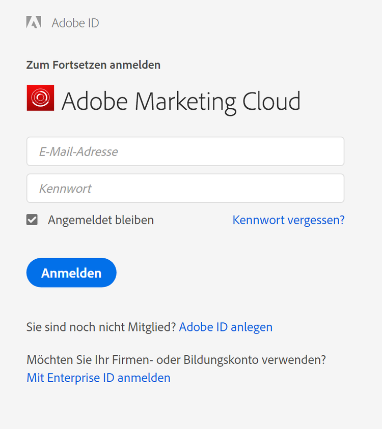 Screenshot mit Adobe Experience Cloud-Anmeldefenster mit Optionen für die Anmeldung mit oder ohne Adobe ID
