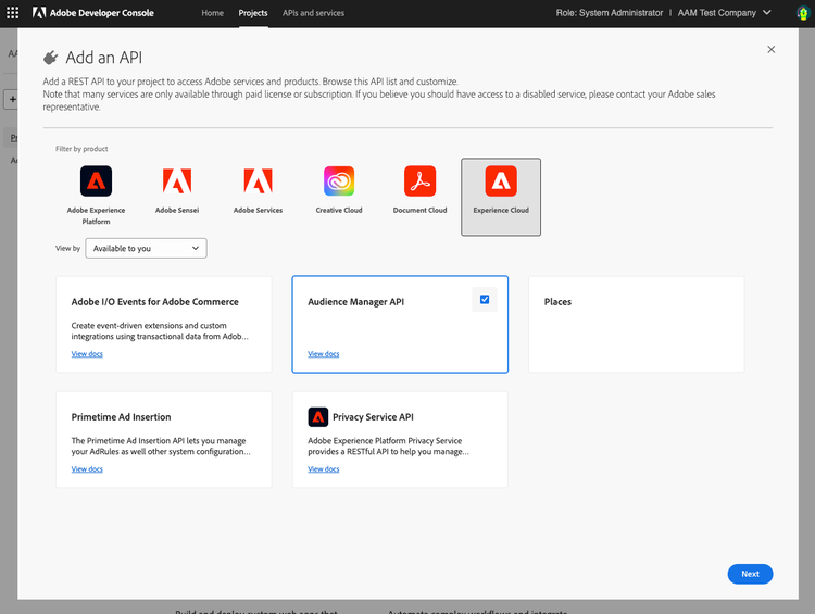 Wählen Sie Audience Manager-API aus.