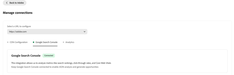 Registerkarte "Google Search Console“ in Brands Management