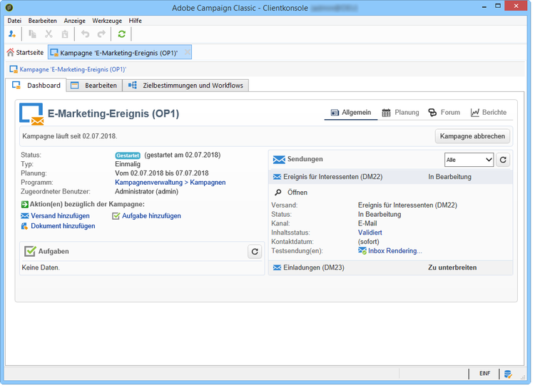 Über das Dashboard einer Kampagne kann der Benutzer eine Kampagne anzeigen und abbrechen, sie aber auch ändern und Sendungen, Dokumente und Aufgaben zu diese Kampagne hinzufügen.