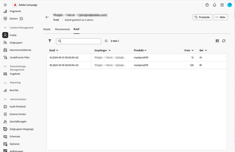 Screenshot einer benutzerdefinierten Registerkarte
