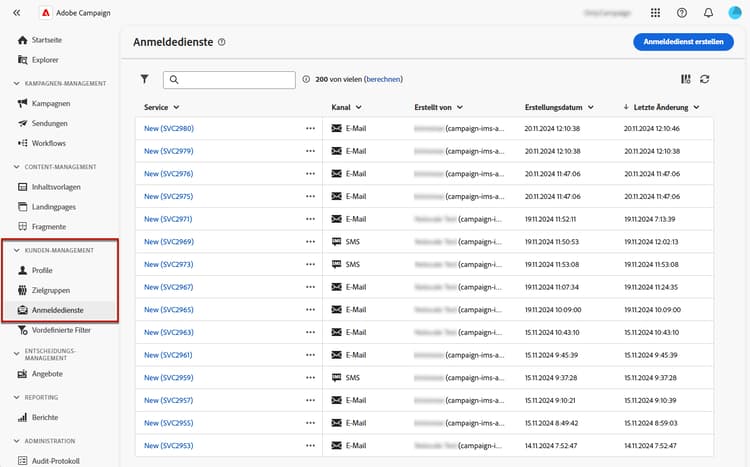 Screenshot mit dem Menü „Anmeldedienste“ in der linken Navigationsleiste unter „Kunden-Management“