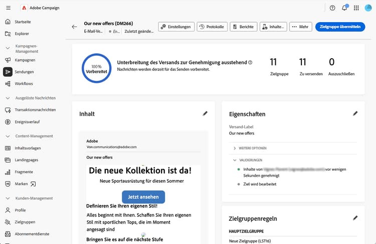 Screenshot der Schaltfläche „Zielgruppe übermitteln“