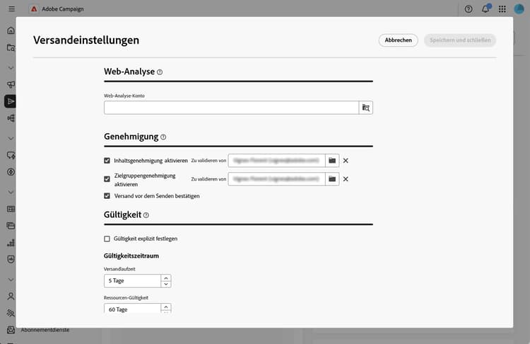 Screenshot der Einstellungen zur Kampagnengenehmigung